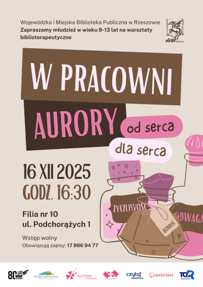 Grafika promująca warsztaty biblioterapeutyczne W pracowni Aurory